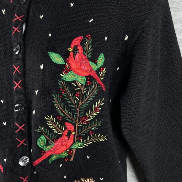 VTG In Resource Woman 2XL Black Cardinal Pinecone Embroidered Cardigan Sweater - Picture 3 of 16